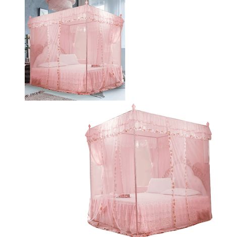 Voile de lit princesse luxe à 3 ouvertures avec moustiquaire et baldaquin (Rose S)