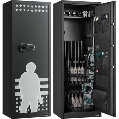 Armoire à 10-12 Fusils, Coffre-Fort pour Armes à Feu 2 Façons de Verrouillage par Clavier Numérique et Clés, avec 4 Poches pour Pistolets et 3 Supports Réglables, Domicile, Assemblage Requis