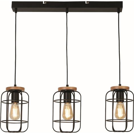 Vision Suspension de plafond à 3 lumières Cage Bar, noir mat et bois (1/4)
