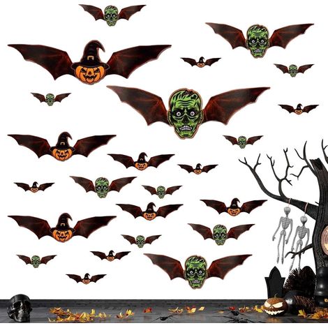 Déco Murale Chauve-Souris Halloween 24 pièces fournitures de fête LED Stickers Muraux 3D Chauve-Souris Halloween Pour Fenêtre Porte Salon Chambre Maison (1/5)