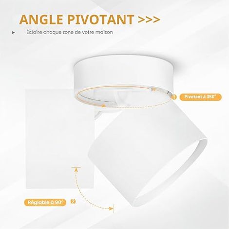 LED Spot en Saillie Orientable, 7W 800LM Ø82×80mm Spots de Plafond, 3000K/4500K/6500K Rotation à 350°+90° Spot LED, Aluminium Rond Blanc Plafonnier Spot Orientable (1/4)
