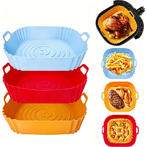 Moules en silicone pour friteuse à air chaud – Ensemble de 3 moules réutilisables – Compatibles avec les friteuses à air chaud, les micro-ondes et les fours (Rouge + Orange + Bleu ciel) (1/5)