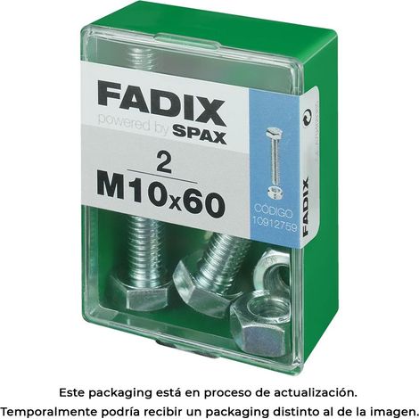 Tornillo métrica, cab hex + tuerca, cinc, M10x60mm, caja 2 uds.  Fadix 85761 (1/3)