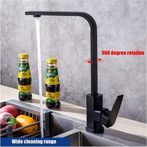 Rubinetto da cucina quadrato nero opaco/cromo, rubinetto per acqua calda e fredda, miscelatore girevole a 360 gradi, rubinetto per installazione su piano (Colore: Nero) -Crezuo