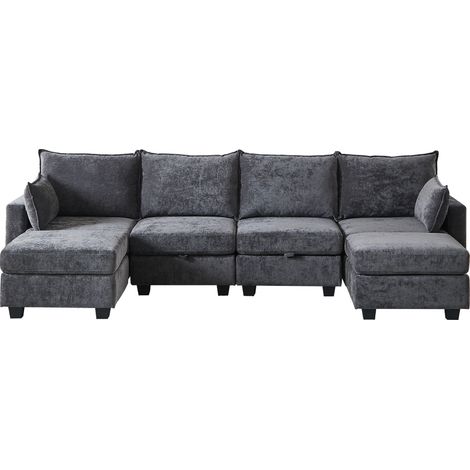 Canapé d'Angle Convertible 6 Places avec Rangement,En Chenille,Modulable U/L,Grande Capacité,Gris (1/5)