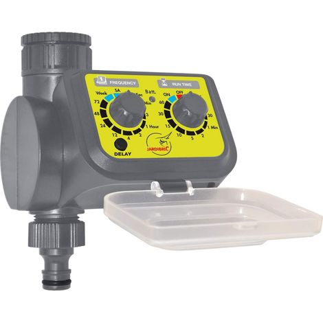 Jardibric – Programmateur d'arrosage mécanique – Alimentation 9V – Pression 0,5 à 8 bars – Durées jusqu'à 60 min – Détecteur de pluie intégré