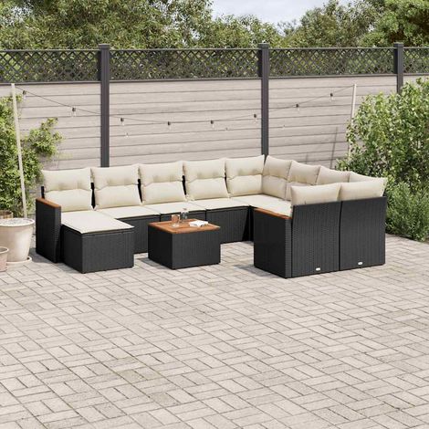 11-tlg. Garten-Sofagarnitur mit Kissen Schwarz Poly Rattan (1/5)