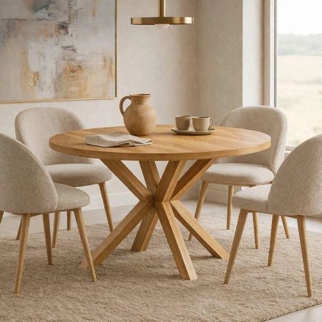 Table de salle à manger ronde extensible RAL avec pieds en bois, style loft, industriel, diamètre : 90 / 140 cm, couleur :Craft Gold