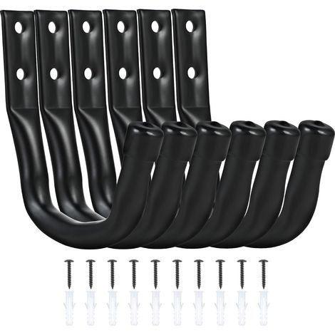 Crochets Muraux Garage 6 Pièces, Crochet de Rangement pour Vélo, Échelle, Outils de Jardin, Tuyau et Outillage, avec Vis et Chevilles, Noir (1/5)