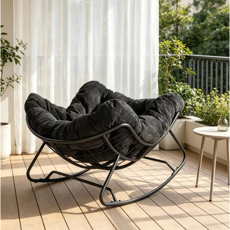 OKWISH Schaukelstuhl mit Chenille-Bezug und Metallgestell Schwarz 102,5 x 75 x 77 cm (1/5)