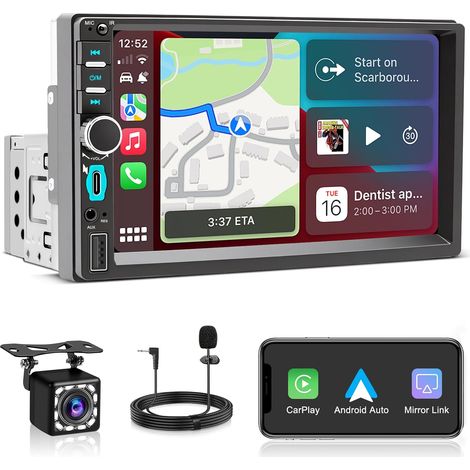 Autoradio 1 DIN avec Écran Tactile HD 7 Pouces, sans Fil et Auto, Radio Voiture Bluetooth Mains Libres, Mirror Link, Navigation GPS, Contrôle Vocal, FM, Caméra de Recul, USB, Type-C (1/5)