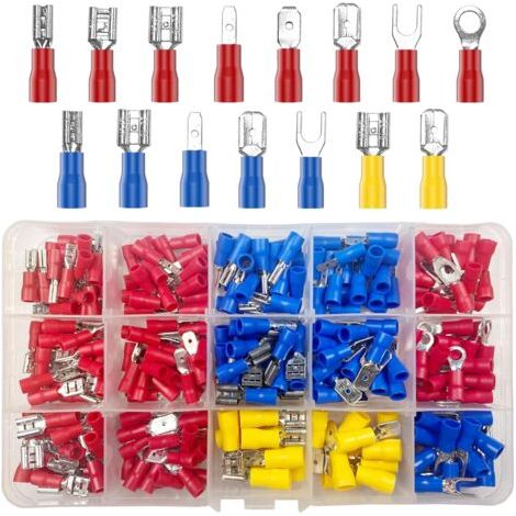 280 pièces 15 types cosses electriques a sertir connecteurs avec douilles isolantes, anneau plates fourches cosses et kits