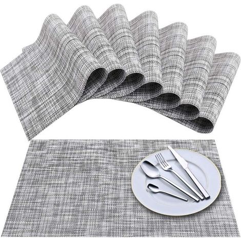 Placemats (Set of 8), Woven Vinyl Table Mats with Cross Weave, Washable, Insulating, Non-Slip Table Mat Set - Gray White (1/4)