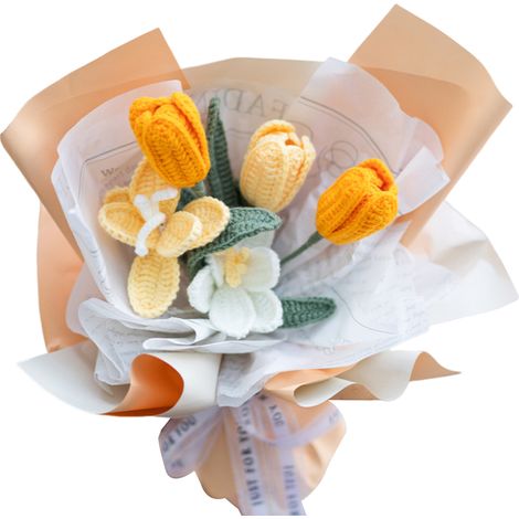 1 bouquet de fleurs artificielles au crochet, tulipes et marguerites, décoration intérieure durable, idéal pour diplôme ou mariage (1/5)