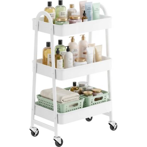 3-stöckiger Aufbewahrungswagen – 1 Stück – Weißmetall – Rollen mit Bremsen – Küche, Werkstatt, Badezimmer – 68 x 38 x 78 cm (1/5)