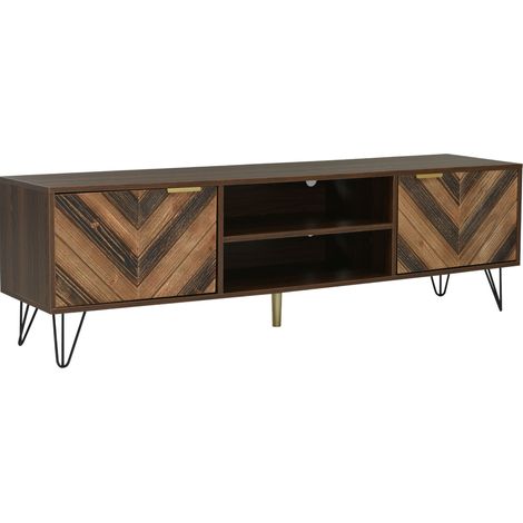 Meuble TV avec 2 portes en placage bois massif, poignées dorées et pieds en fer, 155x38x48 cm (1/5)