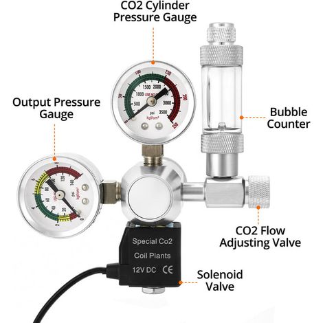 Détendeur CO2 pour Aquarium avec Électrovanne 12V et Compte-bulles Régulateur de Pression Double Manomètre pour Plantes Aquatiques Connecteur W21.8