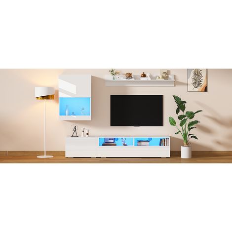 Meuble TV mural en panneaux de particules blanc brillant avec LED, ensemble 3 pièces 175x39x34 cm (1/5)
