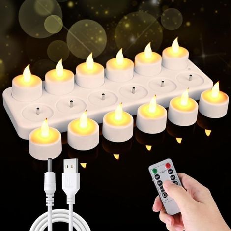 Bougie Chauffe Plat LED Rechargeable avec Station de Charge, Lot de 12 Bougie LED Rechargeable Bougie avec télécommande et minuteur flamme vacillante, pour chambre mariage decoration Halloween, Noel (1/5)