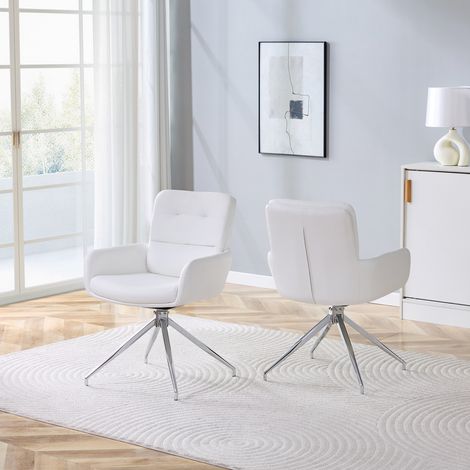 [2 pièces] Chaise pivotante 360° design scandinave luxueux : siège PU blanc, pieds métal argenté, pour salle à manger & espace détente (1/4)