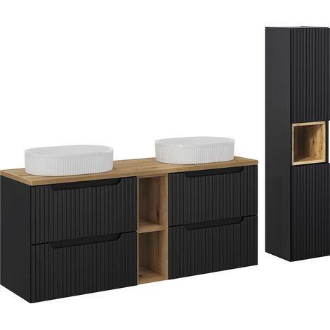 Doppelwaschtisch und Hängesäule 140.4cm Riva mit 4 Schubladen, Schwarz und Holzoptik
