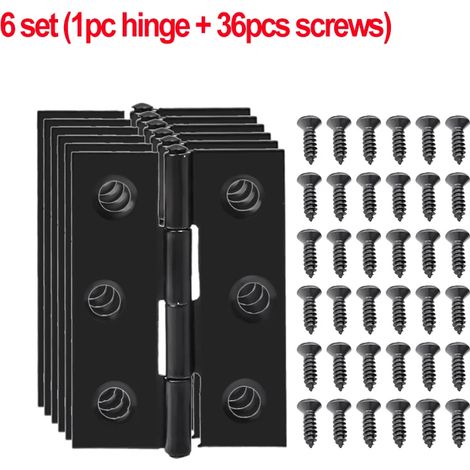 (6 jeux) Charnières de porte noires, charnières à paumelle en acier inoxydable avec vis, charnières pour tiroirs et meubles, plaque de montage, supports de fixation plats (1/5)