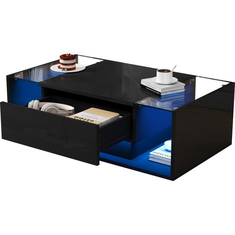 Table basse 100 x 50 x 31 cm avec 1 tiroir et bande lumineuse LED, table d’appoint en verre trempé, table basse laquée brillante noire au design minimaliste (1/5)