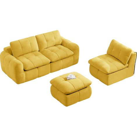 Divano Ad Angolo Modulare 3 Posti, Seduta Larga Ergonomica, con Pouf, Chenille, Giallo (1/5)