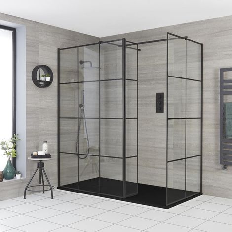 Hudson Reed Barq - Douche Italienne d’Angle avec Verrière&44 Paroi de Retour et Receveur à Effet Texturé Gris Graphite – 110cm x 70cm (1/5)