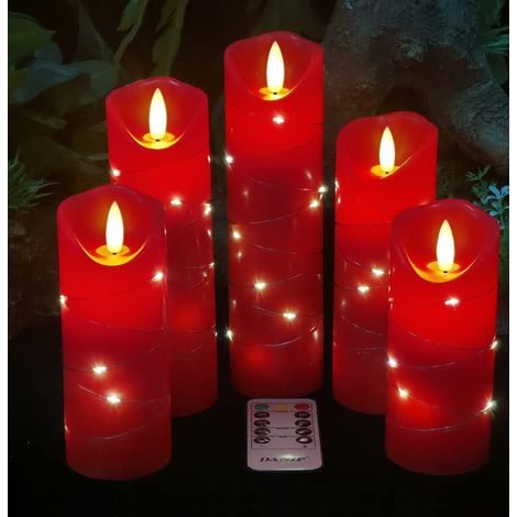 Bougie LED rouge avec guirlande lumineuse intégrée, 5 bougies LED avec télécommande à 10 touches, fonction minuterie 24 heures, flamme dansante, cire véritable, fonctionne sur piles. (1/5)