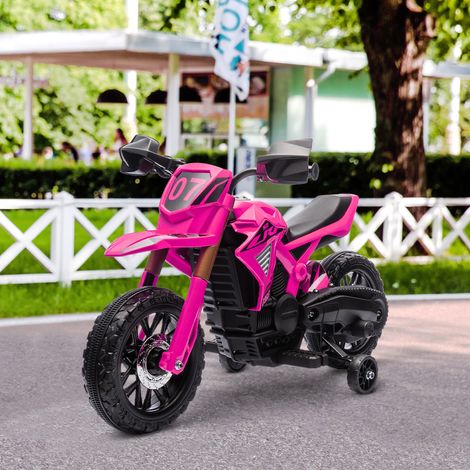 Moto de motocross eléctrica para niños de 3 a 8 años, batería de 6 V, 2 motores, claxon y ruedines de apoyo, capacidad de carga de 30 kg, color rosa.