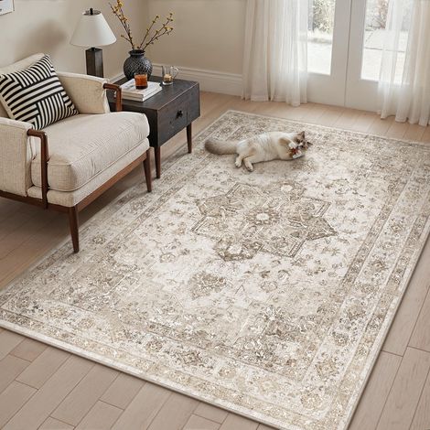 Vintage Tapis Salon Beige 120x170cm Lavable en Machine Rug Grand Antidérapant Rugs,Chambre Adulte,Descente de Lit Carpets,Salle a Manger,Bureau,Cuisine,Interieur Poil Ras Carpet (1/5)