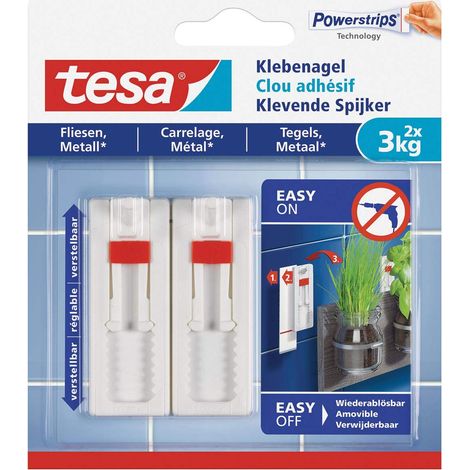 tesa 77764-00000-00 Chiodi Adesivi Regolabili, Bianco, Contenuto: 2 Pezzi, Weiß, 3 kg, Set di 2