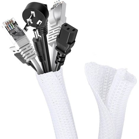 3m Manchon de Cache Câble, 13-22 mm Réglable Gaine Câble Tressée, Extensible Gaine Range Cable Informatique, Protection du Cache Câbles pour Automobiles/TV/PC/USB/Audio/Vidéo- Blanc (1/5)