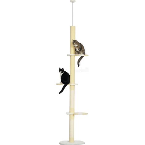 Arbre à chat réglable en hauteur, antidérapant, poteaux en corde de sisal, 220-260 cm (H) x 47 cm (L) x 34 cm (l), jaune/blanc/bleu (1/5)