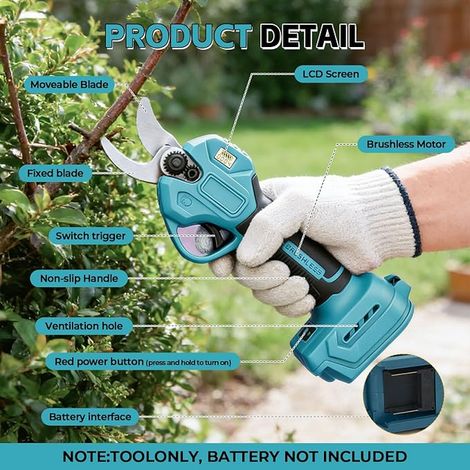 Electric Pruning Shears Compatible with 18V, 300W Brushless Motor, 30mm Cutting Diameter, Battery Powered Garden Shears, Cordless Pruning Shears for Pruning Shrubs and Fruit Trees (1/2)