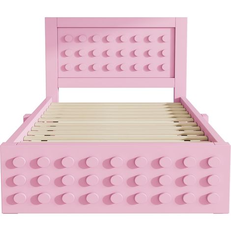 Lit simple en bois 90x190 cm, lit pour enfant et adolescent avec design créatif en blocs, cadre de lit en bois massif avec sommier à lattes, avec tiroirs et espace de rangement sous le lit, rose, sans (1/5)
