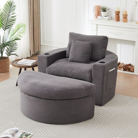 1-Sitzer-Loungesessel aus grauem Cord mit verstellbarem Hocker und Stauraum – MEUBLIV (1/5)