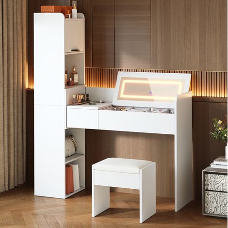 Toeletta in legno bianco con specchio a LED, 131x40x160 cm, porta USB, vano portaoggetti laterale, cassetto e sgabello per camera da letto (1/5)