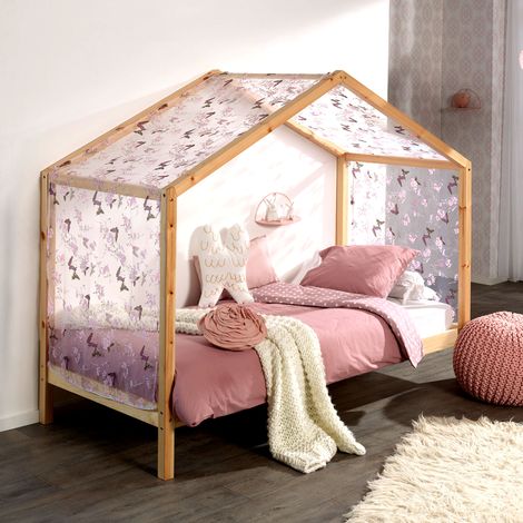 Lit cabane avec voile 90x200 pin massif clair Kobi (1/3)