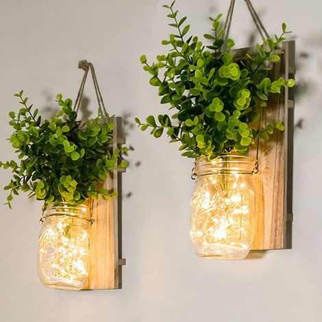 Appliques Murales Rustiques, Fausses Plantes Vertes Suspendues Mason Jar Mur Lumière avec LED Bandes fonctionnant pour la décoration de Noël de Jardin à la Maison(Lot de 2) (Plantes vertes) [Classe én (1/5)