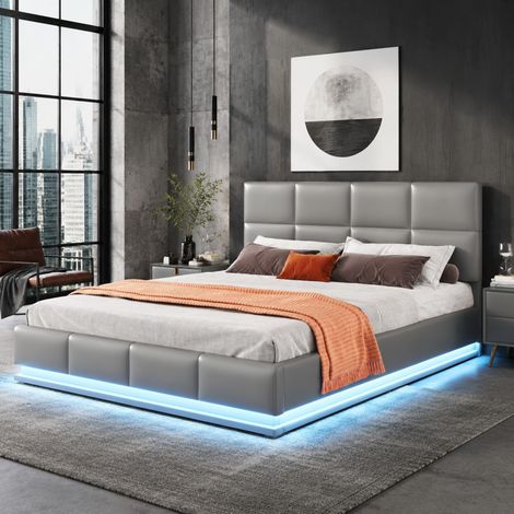 Letto matrimoniale contenitore 160x200 cm con LED e rete metallica, grigio HAVRYA (1/5)