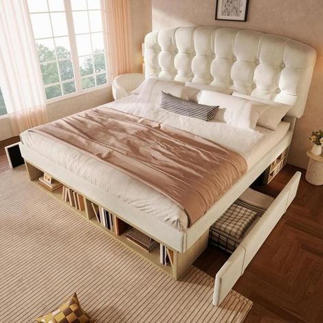 Lit 2 places - KOMHTOM - 140x190 - Velours beige - Tête courbée réglable - 4 tiroirs et sommier lattes (1/5)