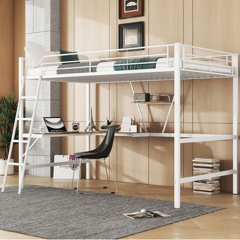 MEUBLIV Cama alta 90x200 cm blanca – con escritorio en L y estantería, sin colchón (1/5)