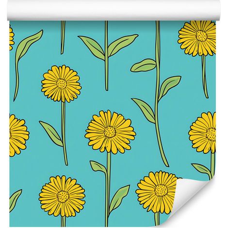 Papier peint Pissenlit Turquoise et Jaune pour Salon et Chambre 50x1000 cm (1/5)