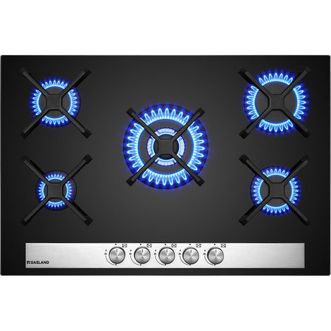 GASLAND Plaque de Cuisson à Gaz Naturel/Butane/Propane encastrée, Surface en verre trempé & Grilles en fonte émaillée - GH6805BG1FC - 5 Foyers - 10400W (1/5)