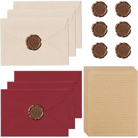 Lot de 22 feuilles d'écriture vintage – Enveloppes kraft A5 – Sceau de cire – Blanc et rouge – Cartes et invitations (1/5)