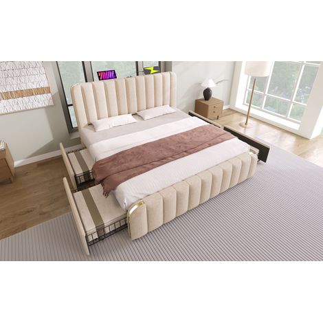 Cama tapizada de lino beige 180x200 cm con 4 cajones, USB y USB-C, somier y colchón incluidos (1/5)