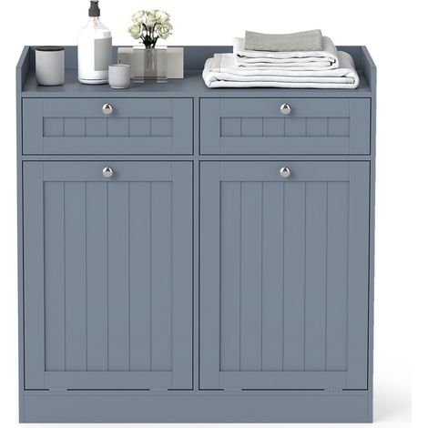 COSTWAY Double Tilt-Out Laundry Hamper Cabinet with 2 Drawers-Grey (1/5)