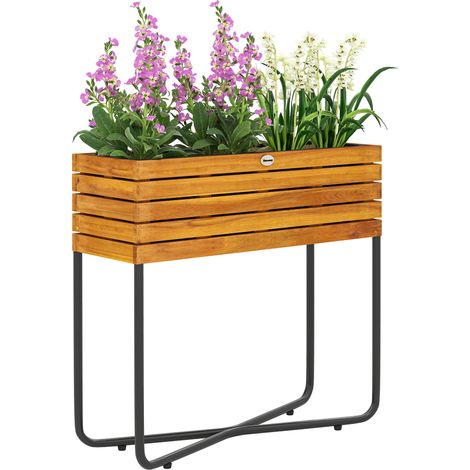 Pot de fleurs bac à fleurs sur pied rectangulaire trous de drainage bois d'acacia 62 x 22,5 x 61 cm effet bois naturel